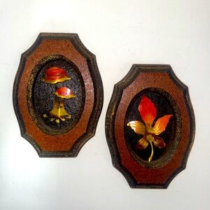 MCM vtg copper metal art on wood Mushroom Leaf 3D Wall Decor Set of 2